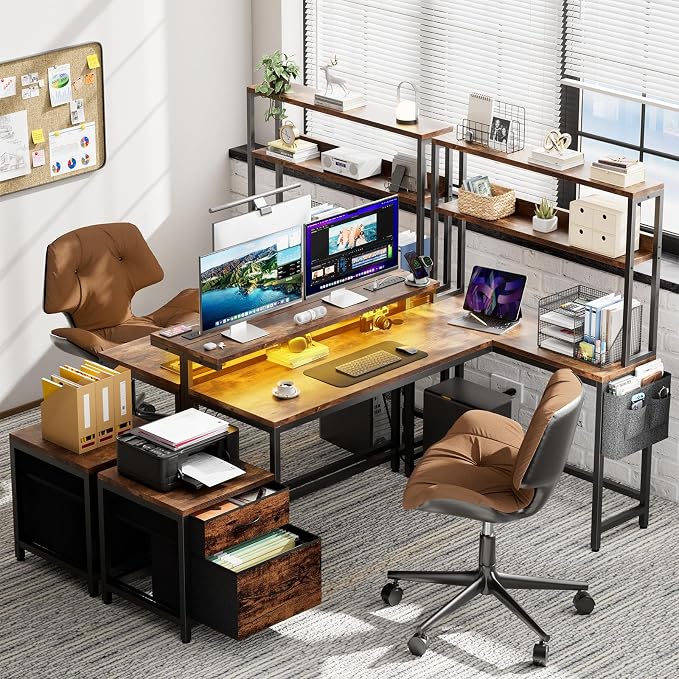 REAHOME 70 Inch L Shaped Desk with File Drawers and Reversible Storage Shelves, Computer Desk with Power Outlet & LED Strip, Home Office Desks, Writing Study Desk for Bedroom, Rustic Brown