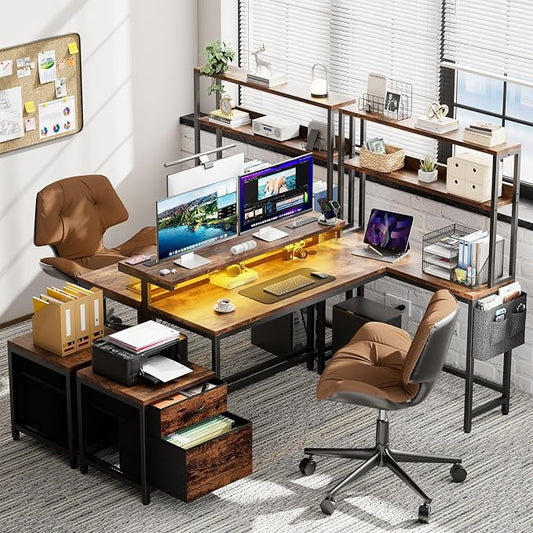 REAHOME 70 Inch L Shaped Desk with File Drawers and Reversible Storage Shelves, Computer Desk with Power Outlet & LED Strip, Home Office Desks, Writing Study Desk for Bedroom, Rustic Brown