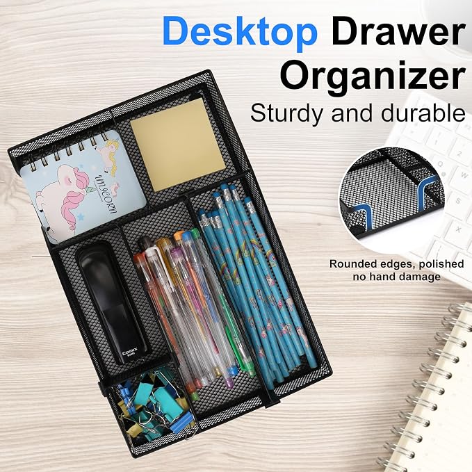 Desk Drawer Organizer, Junk Drawer Organizer Tray with 2 Adjustable Compartments, Desktop Metal Mesh Office Desk Organizer, Multifunction Pen Organizer Set for Office School Home Makeup Supplies (1)