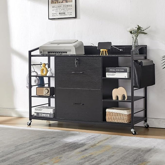 45" File Cabinet for Home Office, Mobile Office Storage Cabinet with Built-In Power Outlet, 2 Drawer Filing Cabinet with Lock, Shelves, Metal Hook, Storage Bag fits A4/Legal/Letter Size (Black)