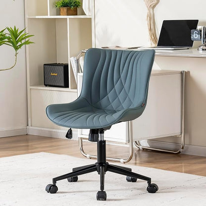 YOUNIKE Office Chair Armless Desk Chair with Wheels, Home Office Computer Task Chair, Modern Faux Leather Upholstered Vanity Chair, Adjustable Swivel Rolling Office Chairs, Grayish Green