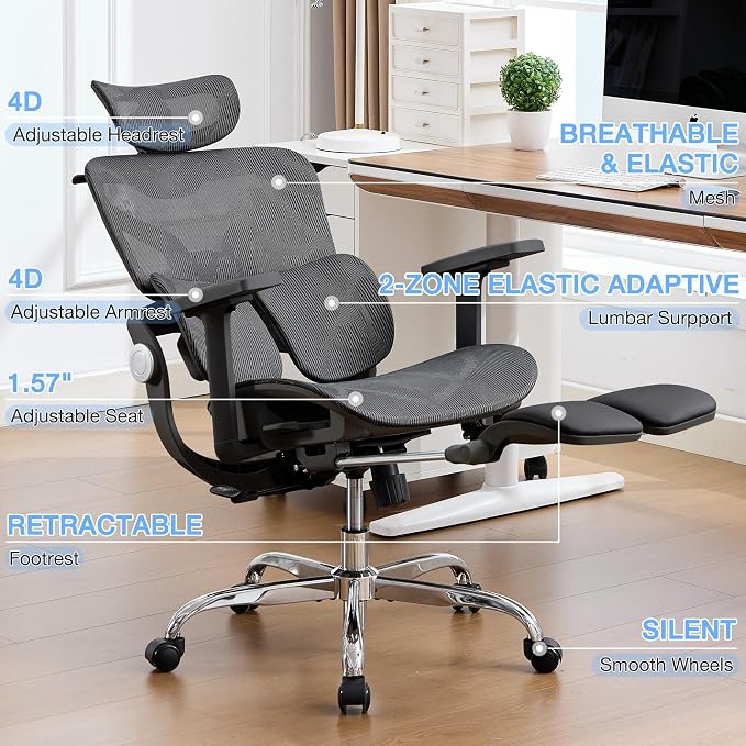 Ergonomic MeshOffice Chair with 2-Zone Lumbar Support and Footrest,Black | Big and Tall, 400LBS, Adjustable Seat Depth, 4D Headrest, 4D Armrests Swivel Executive Chair for Home Office