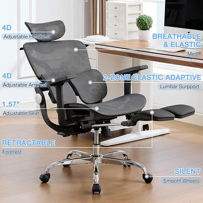 Ergonomic MeshOffice Chair with 2-Zone Lumbar Support and Footrest,Black | Big and Tall, 400LBS, Adjustable Seat Depth, 4D Headrest, 4D Armrests Swivel Executive Chair for Home Office