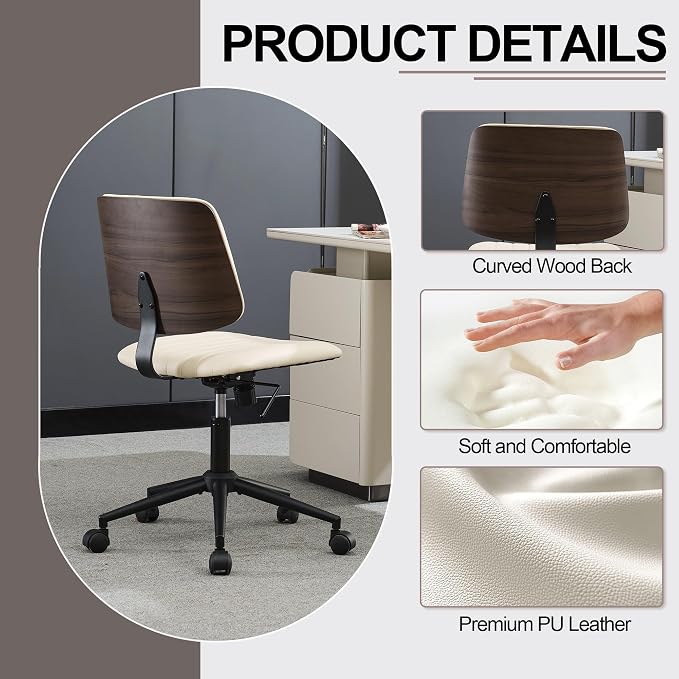 Home Office Desk Chair with Wheels,Modern Walnut Small Desk Chair,Armless Mid Back 360 Swivel Computer Chair,Adjustable Height No Arms PU Leather Chair for Office,Reading,Meeting Room (Beige)
