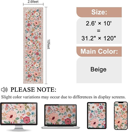 DUKINO Runner Rug for Hallway, 2.6x10 Washable Floral Long Kitchen Rug with Non Slip Backing, Lightweight & Stain Resistant Soft Runners for Indoor Entrance, Laundry, Living Room, Bedroom, Beige