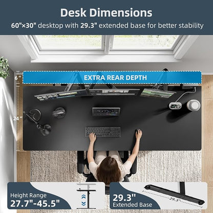 Electric Standing Desk Adjustable - 60 x 30 Inch Sit Stand Desk with Flip-Top Cable Management,Mouse Pad,Clamp Power Strip,Dual-Beam Frame,3 Memory Preset Height Adjustable for Home Office