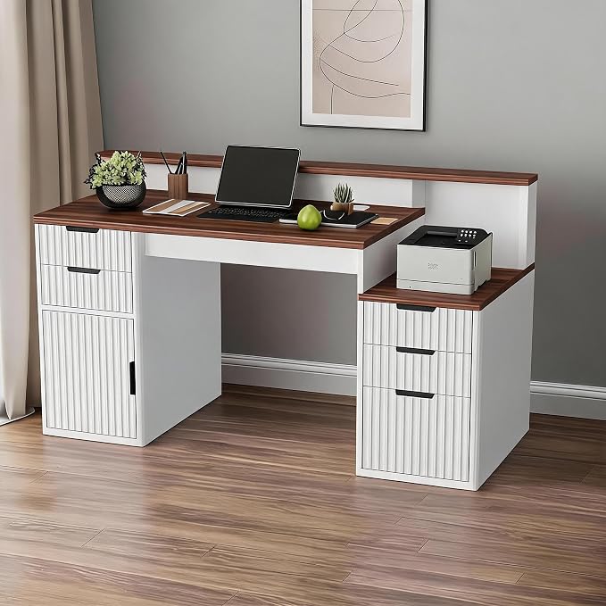IDEALHOUSE Rectangular Computer Desk with Hutch & Printer Stand, Ripple Door Storage Home Office Desk, Space-Saving Study Writing Desk for Bedroom, Sturdy Board Student Desk with Easy Assembly
