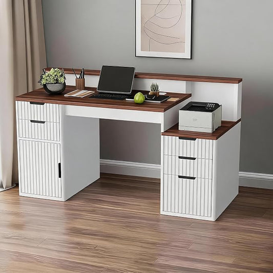 IDEALHOUSE Rectangular Computer Desk with Hutch & Printer Stand, Ripple Door Storage Home Office Desk, Space-Saving Study Writing Desk for Bedroom, Sturdy Board Student Desk with Easy Assembly