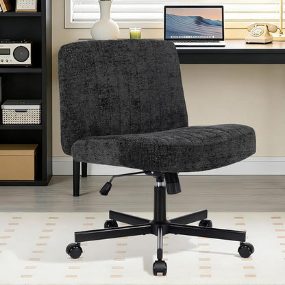 Convertible Base Criss Cross Chair with Pocket Springs & Thicker and Wider Cushions, Armless Legged Office Chair Relieves Back Pain, Swivel Vanity Chair for Living Room/Office, Black