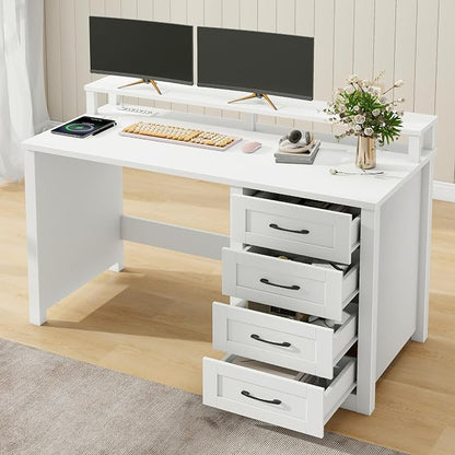 Vabches 47" Farmhouse Executive Desk with Monitor Stand and LED Lights,4 Drawers Computer Desk with Power Outlets,Large Workspace for Work Study Writing.(White)