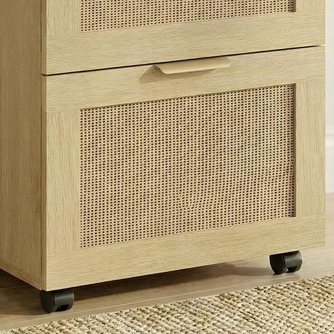 Lateral File Cabinets for Home Office, 3 Drawer Filing Cabinet with Lock, Rattan Filing Organization Storage Cabinets with Printer Stand for Hanging Files/Letter/Legal/A4/F4 Size, Natural Wood