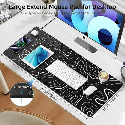 Mouse Pad with Wireless Charging, Gaming Mouse Pad with Ultra-Smooth Surface, Large XXL Desk Mat, Non-Slip Mouse Mat, Waterproof Computer Keyboard Pad for Gaming, Desk, Office, PC, 800x400x4MM, Black