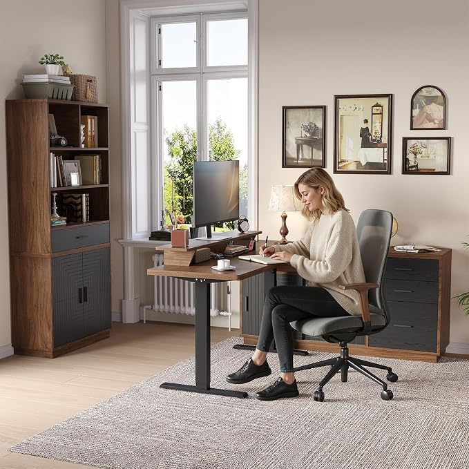 ONBRILL Home Office Furniture Sets, 55'' Standing Desk with 55'' File Cabinet, Electric Height Adjustable Standing Desk with 71'' Tall Modern Bookshelf, Home Office Furniture Set, Walnut