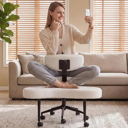 DUMOS Ergonomic ADHD Cross Legged Office Desk Chair with Adjustable Backrest, Height Adjustable Meditation Chair with 360° Swivel Footstool, Teddy Fleece Yoga Stool for Home Office, White