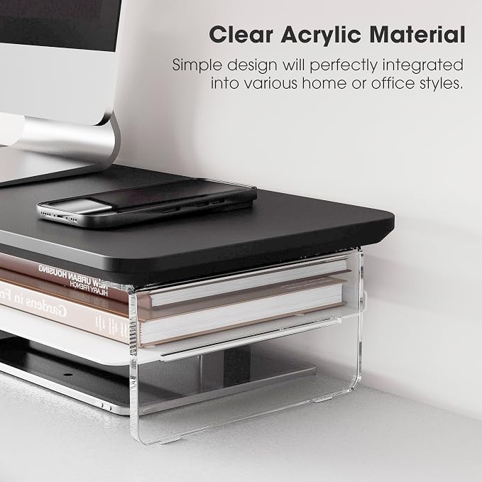 Fenge Acrylic Monitor Stand, 42.5 Inch Clear Dual Monitor Riser with Metal Storage, 2 Tier Computer Riser with LED Lights for Desk, Laptop, Printer, TV