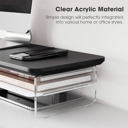 Fenge Acrylic Monitor Stand, 42.5 Inch Clear Dual Monitor Riser with Metal Storage, 2 Tier Computer Riser with LED Lights for Desk, Laptop, Printer, TV