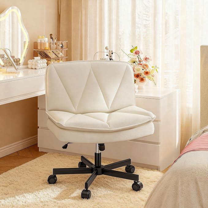 DurayLoly Criss Cross Chair with Wheels, Armless Cross Legged Office Chair with 2 Layer Comfy Leather & Back, 90°-120° Reclining, Wide Vanity Chair for Home Office, Beige