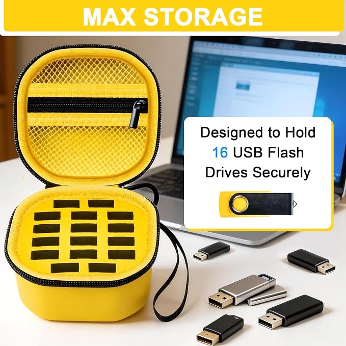 Comecase 16 Slots USB Flash Drive Case, Hard Shell Organizer for Thumb Drives & Jump Drives with Carabiner, Portable USB Case with Removable Pre-Cut Sponge & SD Card Mesh Pocket (Yellow, Medium)