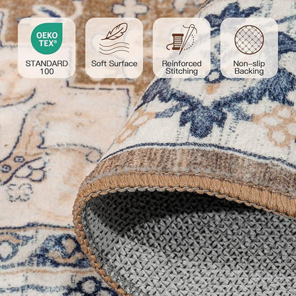 Lofus 7x10 Area Rugs for Living Room, Washable Area Rug, Rugs for Bedroom, Kitchen, Vintage Boho Carpet, Soft Non-Slip, Low Pile Large Area Rug for Office Dining Room, Floral Brown