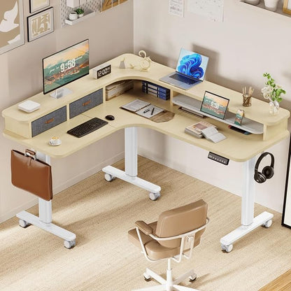 Flycity Electric L Shaped Standing Desk with Drawers, 63" x 55" Corner Standing Desk Adjustable Height, Stand Up Home Office Desk, Dual Motor Sit Stand Desk with 3 Memory Preset & Lock, Maple