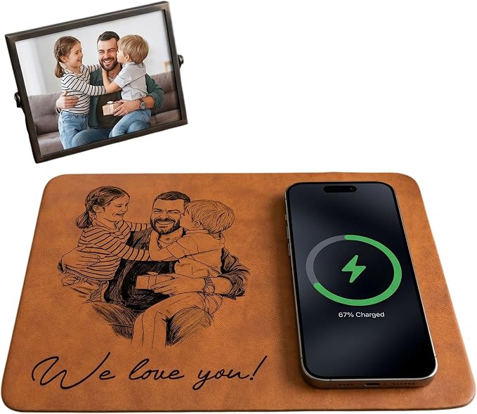 Personalized Leather Charging Mat, Dad Sketch Line Art Custom Photo, Wireless Charging Desk Mat, Custom Dad Gift, Fathers Day Gift for Dad, Papa, Grandpa, Daddy 2
