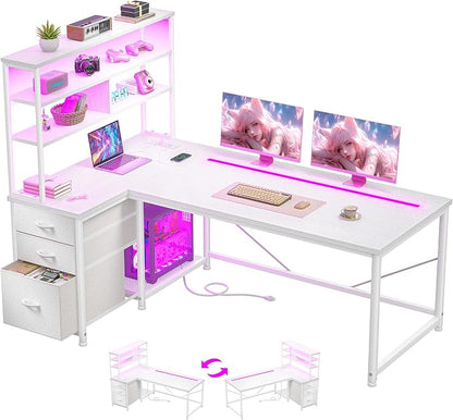 L Shaped White Desk with Aluminum LED Lights, 3 Silent Fabric Drawers & Shelf, Reversible Gaming Desk with Power Charging Station and PC Stand of Home Office Desk,Vanity Desk for Bedroom,White