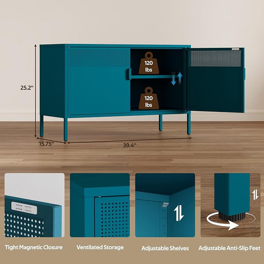 Metal Storage Cabinet with 2 Doors & Adjustable Shelves, 25" H Blue Accent Cabinet, Metal Locker Storage Cabinets, Tv Stand Cabinet for Home, Office, Living Room, Entryway