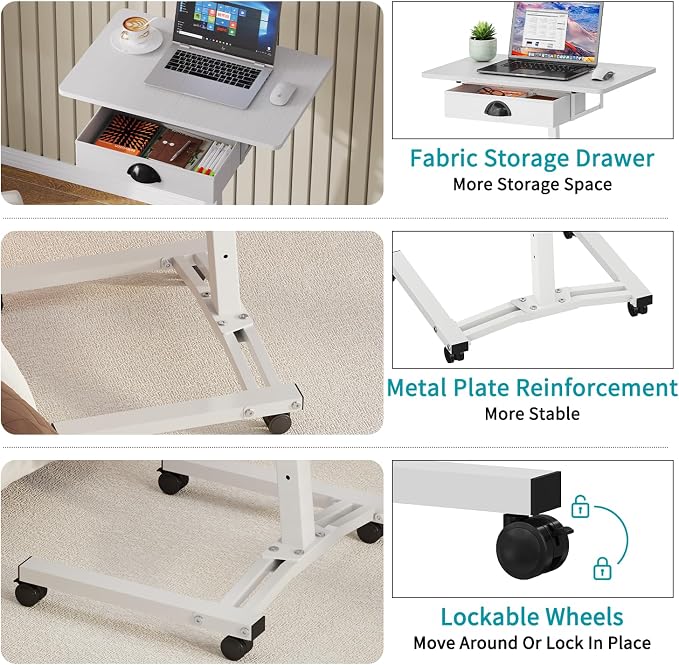 Rolling Adjustable Height Computer Desk With Drawers, Small Mobile Laptop Desk Cart On Wheels For Small Spaces Home Office, Portable Sitting Laptop Table For Bed Couch Load Up To 60LBS, Sturdy, White
