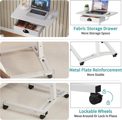 Rolling Adjustable Height Computer Desk With Drawers, Small Mobile Laptop Desk Cart On Wheels For Small Spaces Home Office, Portable Sitting Laptop Table For Bed Couch Load Up To 60LBS, Sturdy, White