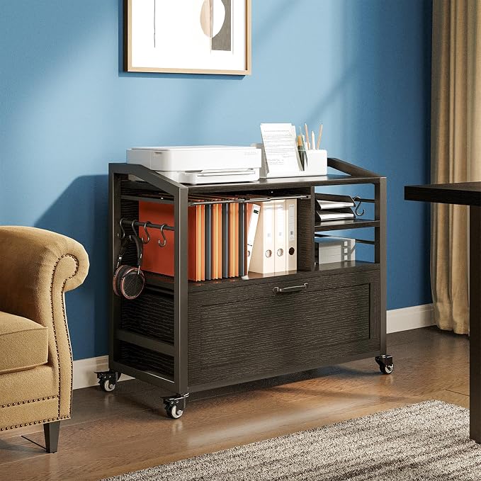 HSH Rolling Lateral File Cabinet with Storage Drawer, Black Mobile Filing Cabinet for Legal/Letter Size, Wood Metal Printer Stand with Shelves, Wheels & Hanging File Folder for Home Office Desk, 33 In