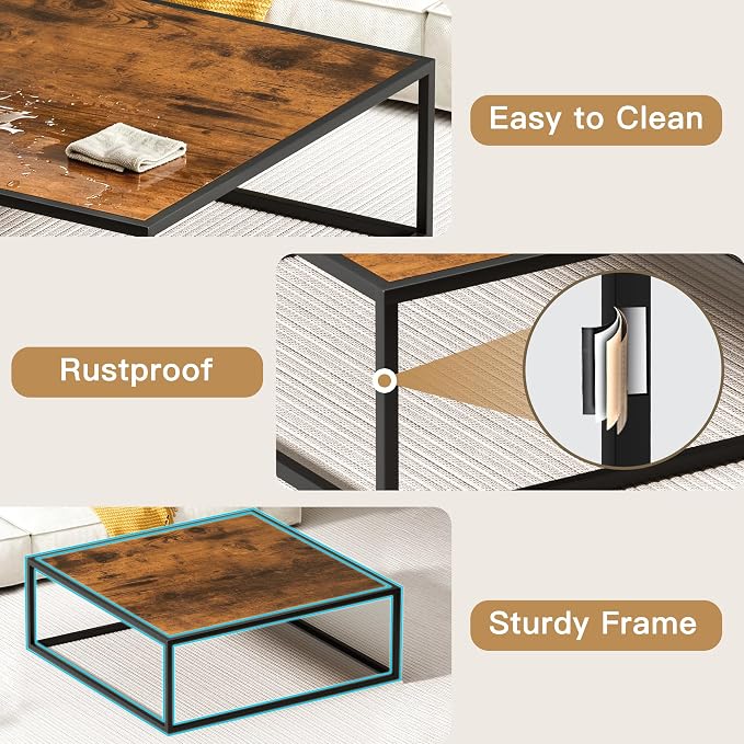 31.5" Square Coffee Table, Mid-Century Modern Brown Center Table for Living Room, Floor Table for Sitting on The Floor, Wood Cocktail Tea Contemporary Tables with Metal Frame for Office Apartment Home