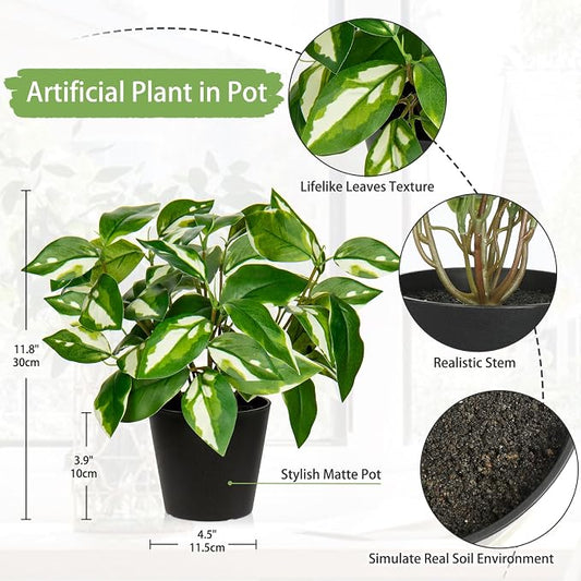 Oairse Artificial Plants Indoor Small Fake Plants in Pots Faux Pothos N‘ Joy Potted Plant Fake Indoor Plants with Black Pots for Bathroom Living Room Office Desk Shelves