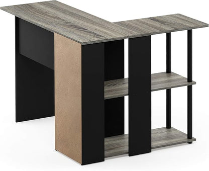 Furinno Abbott L-Shape Computer Desk with Bookshelf, French Oak Grey/Black