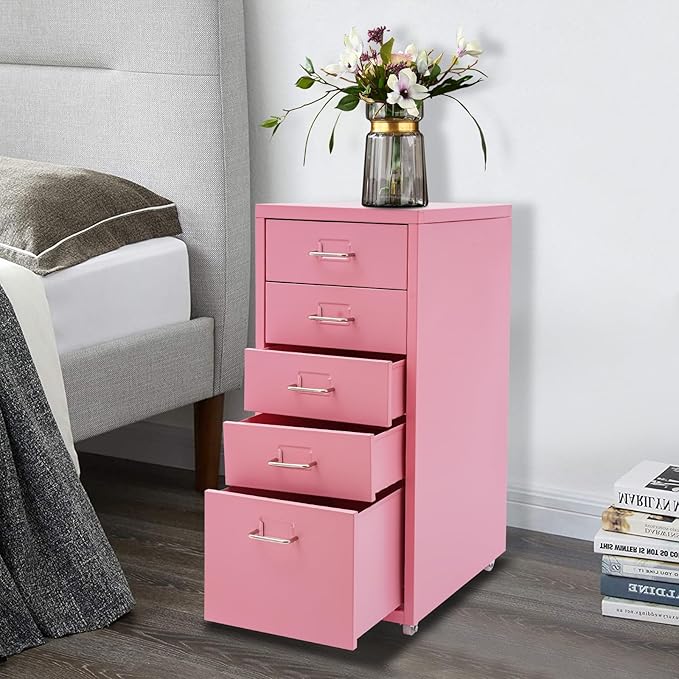 Metal Storage Cabinet with Wheels, 5 Drawers Mobile Filing Cabinet Under Desk Organizer Unit for Home Office