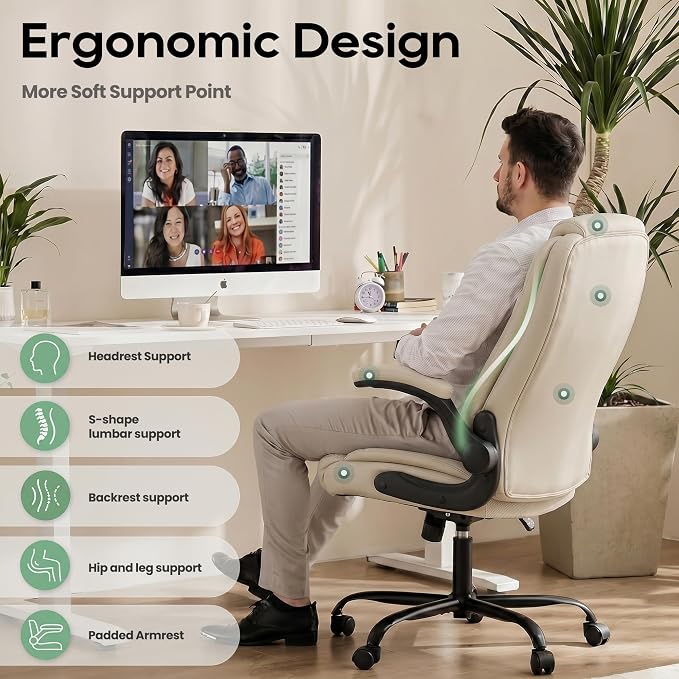 MALOL Leather Office Chair, Computer Desk Chair with Adjustable Lumbar Support, Thick Cushion, Flip-Up Arms and Ergonomic Back, Comfy Executive Office Chair for Home Office Gaming,Beige