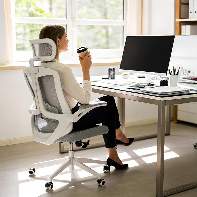 Ergonomic Office Chair - 350LB Comfy Desk Chairs with Adjustable Headrest and Lumbar Back Support, Mesh Computer Chairs with Wheels and Arms for Home Office, Study (Gray-with Headrest)