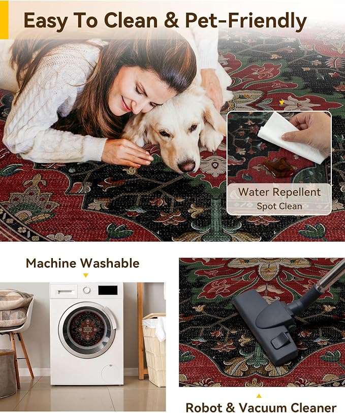 RELEANY Area Rugs Round 6ft Washable Non-Slip, Floral Vintage Distress Medallion Carpet for Living Room Bedroom Dining Room, Red Black