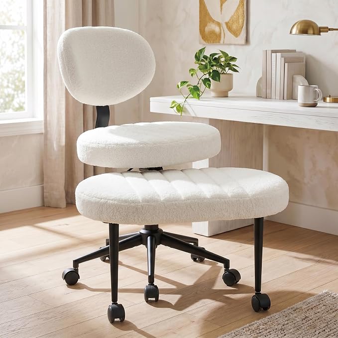 Cross Legged Office Chair with Wheels, 360 Swivel Height-Adjustable Meditation Chair with Lumbar Support, White