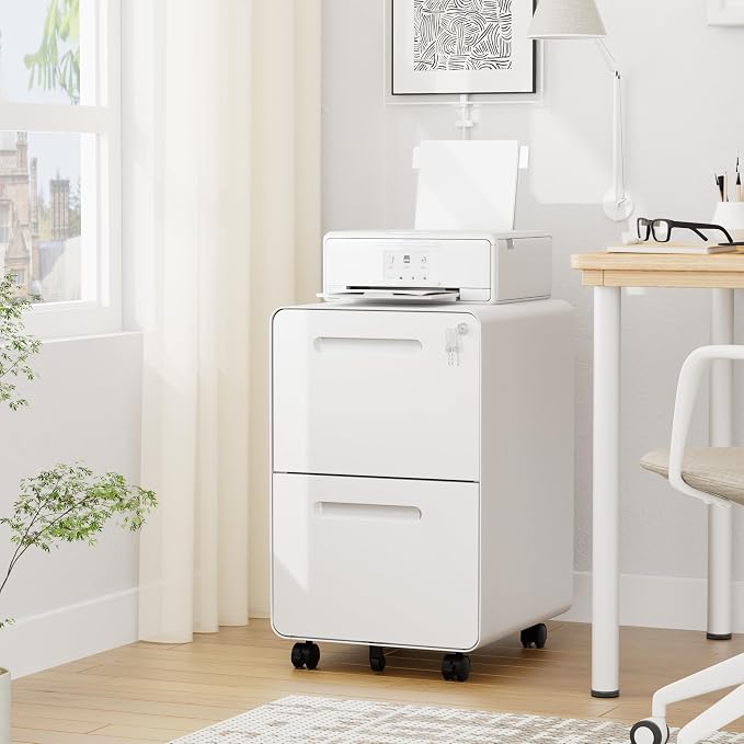 2 Drawers Metal Filing Cabinet with Lock, with 25 File Folders, Mobile Vertical Cabinet with Fully Assembled Except Casters, for Home Office, White