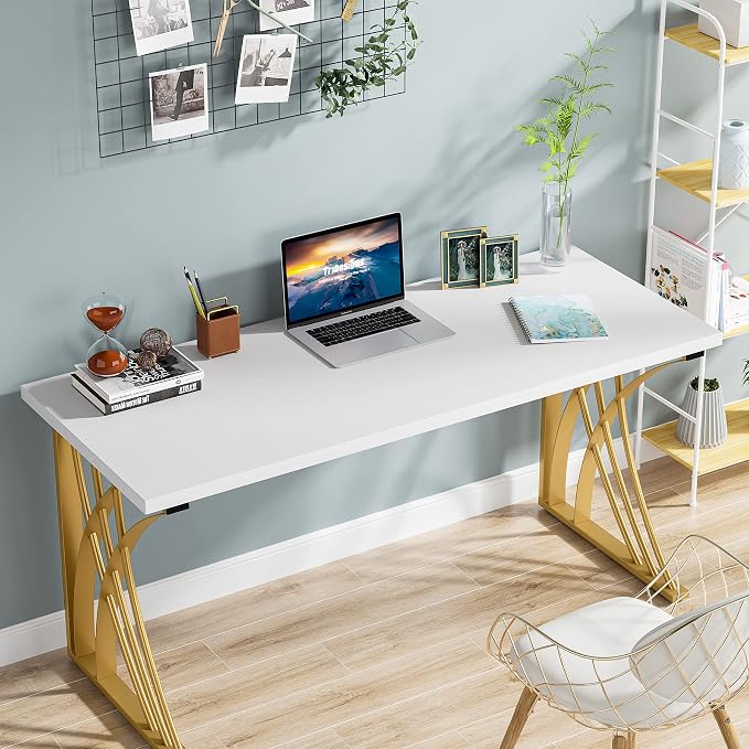 LITTLE TREE 55’’ Large Modern Computer Desk, White & Gold Luxury Laptop PC Student Table, Makeup Vanity Table with Thick Frame & Strong Legs, Sturdy Writing Workstation for Home & Office