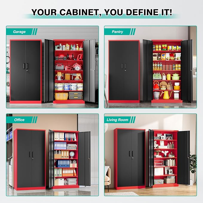 6 Tier Garage Storage Cabinet with 5 Adjustable Shelves,Metal Storage Cabinet with Lock,Red Black Metal Cabinet with Locking Doors,Steel Locker,71" Lockable Storage Cabinets for Home,Office,Garage