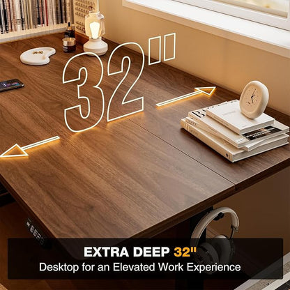 Grandder 63x32 Large Electric Standing Desk, Height Adjustable Computer Desk with 2 Memory Presets, 31.5" Deep Desktop Sit Stand Desk Home Office Desk Workstation Table with Hooks, Walnut