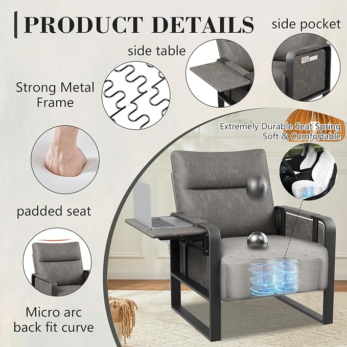 Alunaune Upholstered Living Room Chair Armchair, Mid Century Faux Leather Metal Accent Chair, Reception Couch Office Guest Chair Slipper Club Lounge Single Sofa with Sidetable for Bedroom-Grey