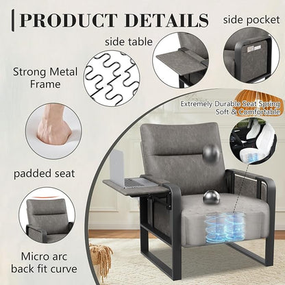Alunaune Upholstered Living Room Chair Armchair, Mid Century Faux Leather Metal Accent Chair, Reception Couch Office Guest Chair Slipper Club Lounge Single Sofa with Sidetable for Bedroom-Grey