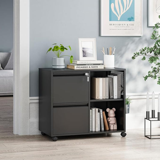 MIIIKO 2 Drawer File Cabinet with Lock, Metal Lateral Rolling Printer Stand Filing Cabinets with Drawers for Home Office,A4, Letter Size File Folders(Black)