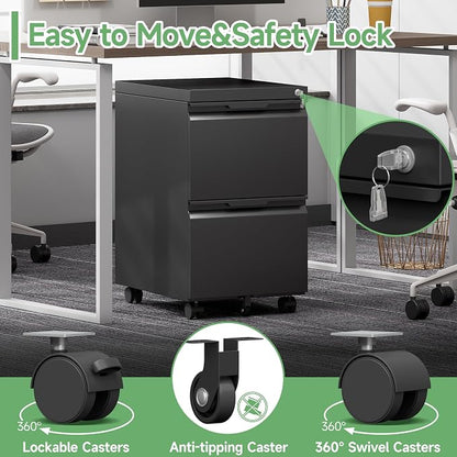 2 Drawer File Cabinet with Lock,Small Filing Cabinet for Home Office,Rolling Metal File Cabinets with Wheels for Letters/Legal/A4 Size, Assembly Required,Black
