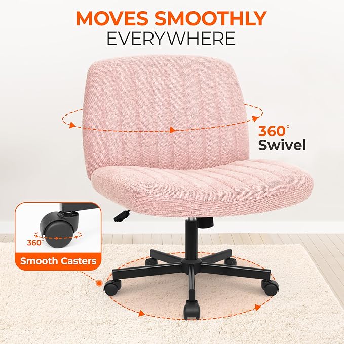 Orange Factory Criss Cross Chair Wheels Wide Cross Legged Office Desk Vanity Chair Comfy Fabric Armless Adjustable Swivel for Home Computer Task (Pink Wheel, Fabric)