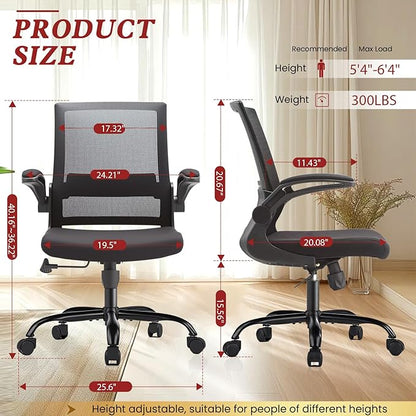 Mesh Office Chair with Flip-Up Armrests – Standard Issue Office Chair, Swivel Rolling Desk & Work Chair with Lumbar Support, Ergonomic Computer Chair for Home Office, Corporate Office, Black