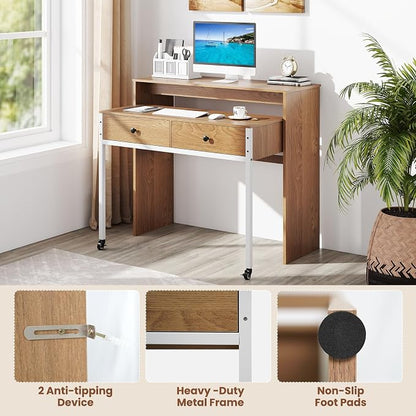 Giantex Small Computer Desk with Hutch & Drawers, Extendable Writing Desk w/Pull Out Secondary Table, Monitor Stand & Rolling Wheels, Console Table, Compact Desk for Small Spaces (Natural)