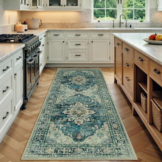 RELEANY Area Rugs Runner 3'x6' Washable Non-Slip, Floral Vintage Distress Medallion Carpet for Kitchen Hallway Bedroom Beside Laundry Room Bathroom, Dark Blue Vintage